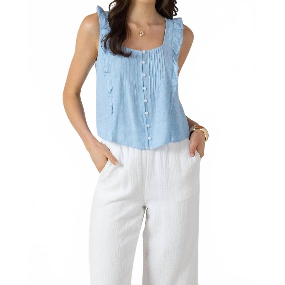 NEW DEX CLOTHING pintuck ruffle detail tank top in mini blue stripe